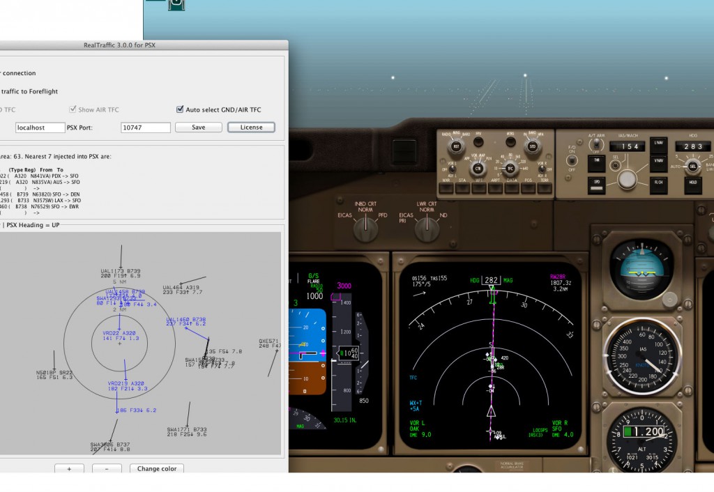 Approaching Runway 28R at San Francisco Intl. The real world traffic is visible both in the TCAS as well as the visual view.