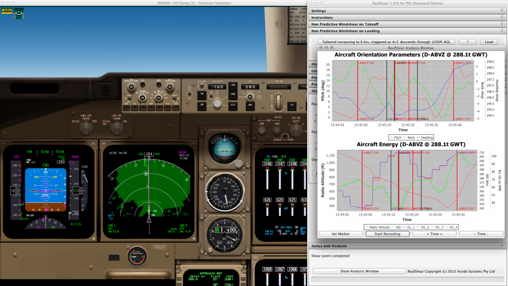 With the simulator frozen, we can look at the analysis plots in the RealShear window. We are shown two plots, one for the aircraft axis parameters and the other one showing all parameters that are important for managing aircraft energy.