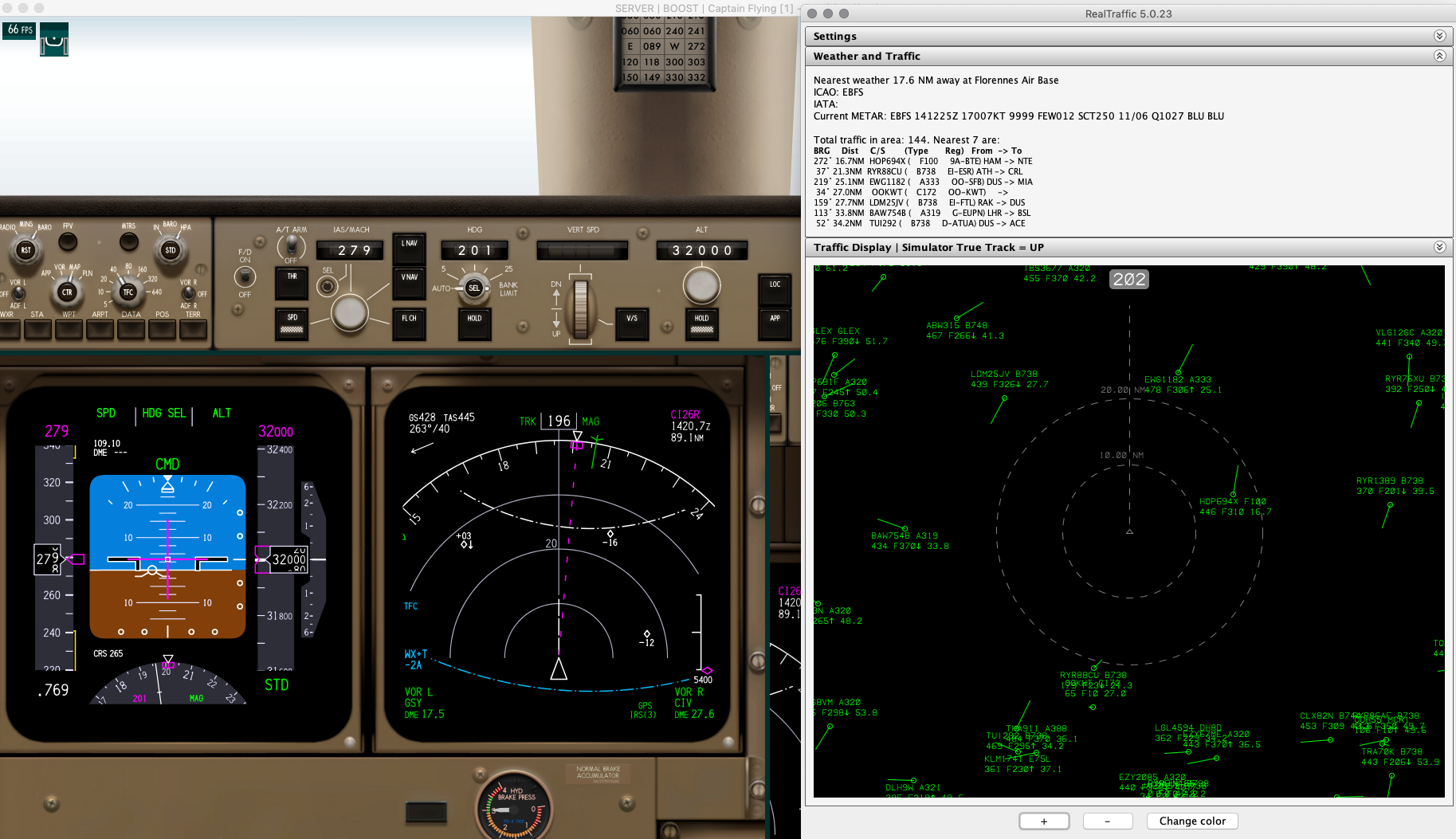 Descending into Paris. The real world traffic is visible both in the TCAS as well as the RealTraffic radar display.