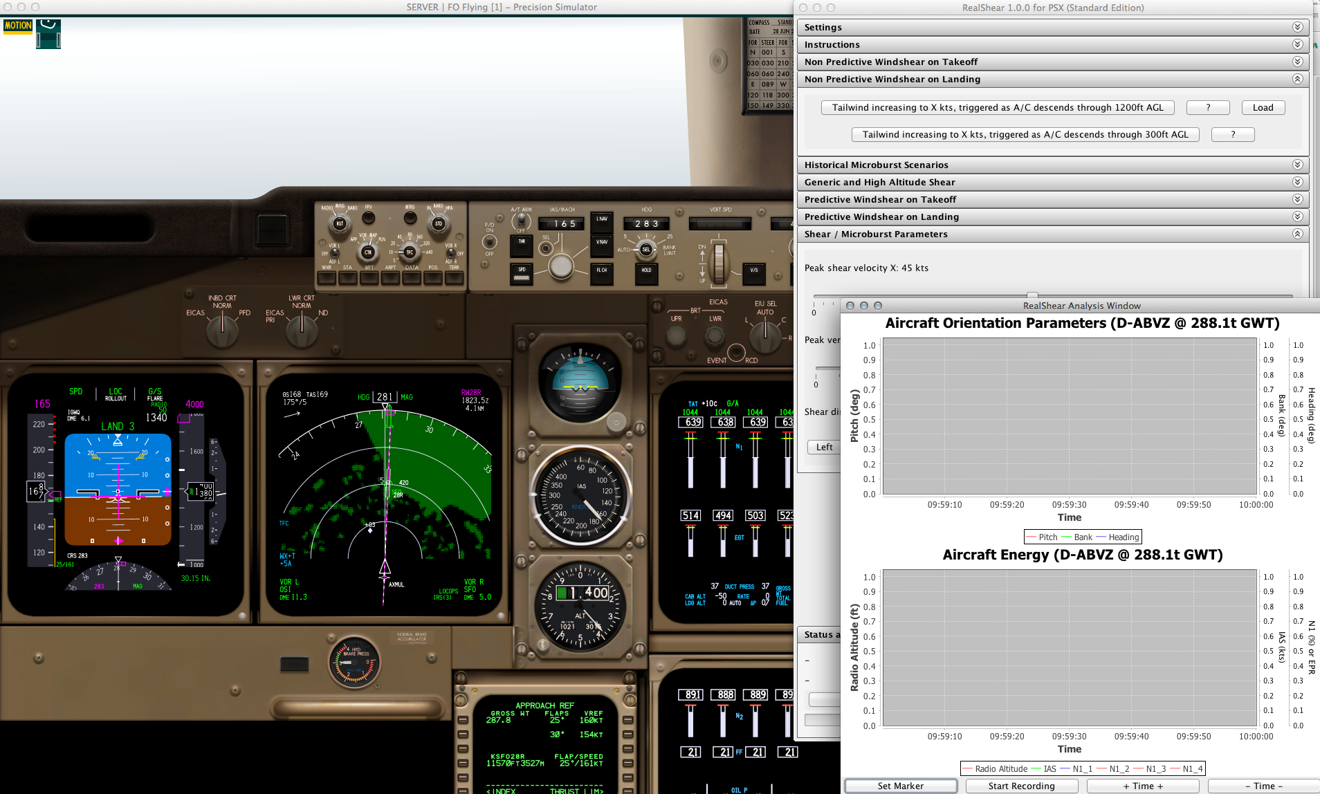 RealShear control panel and analysis window next to the PSX cockpit